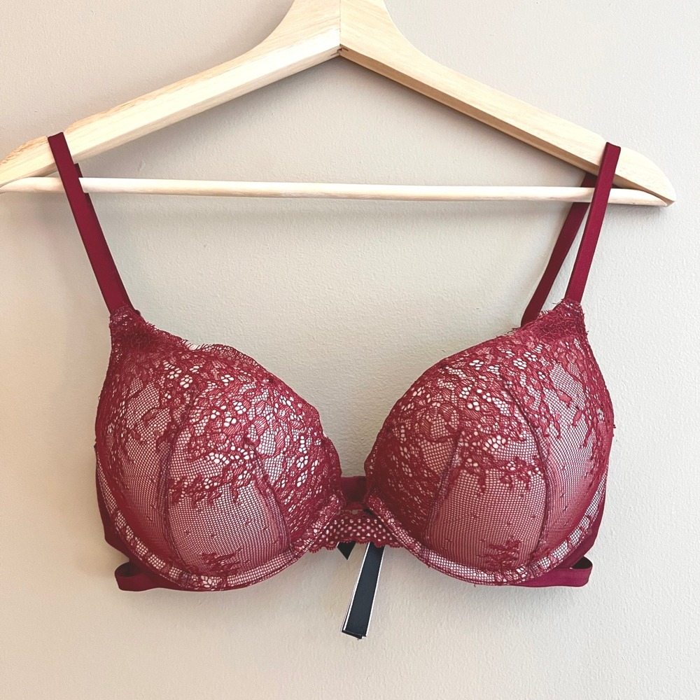 Victorias Secret Bombshell Plunge Bra 34C Burgundy Red Floral Lace Push Up Sexy